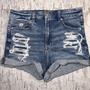 American Eagle Curvy Hi-Rise Shortie Next Level Stretch Distressed Med Wash Sz 6